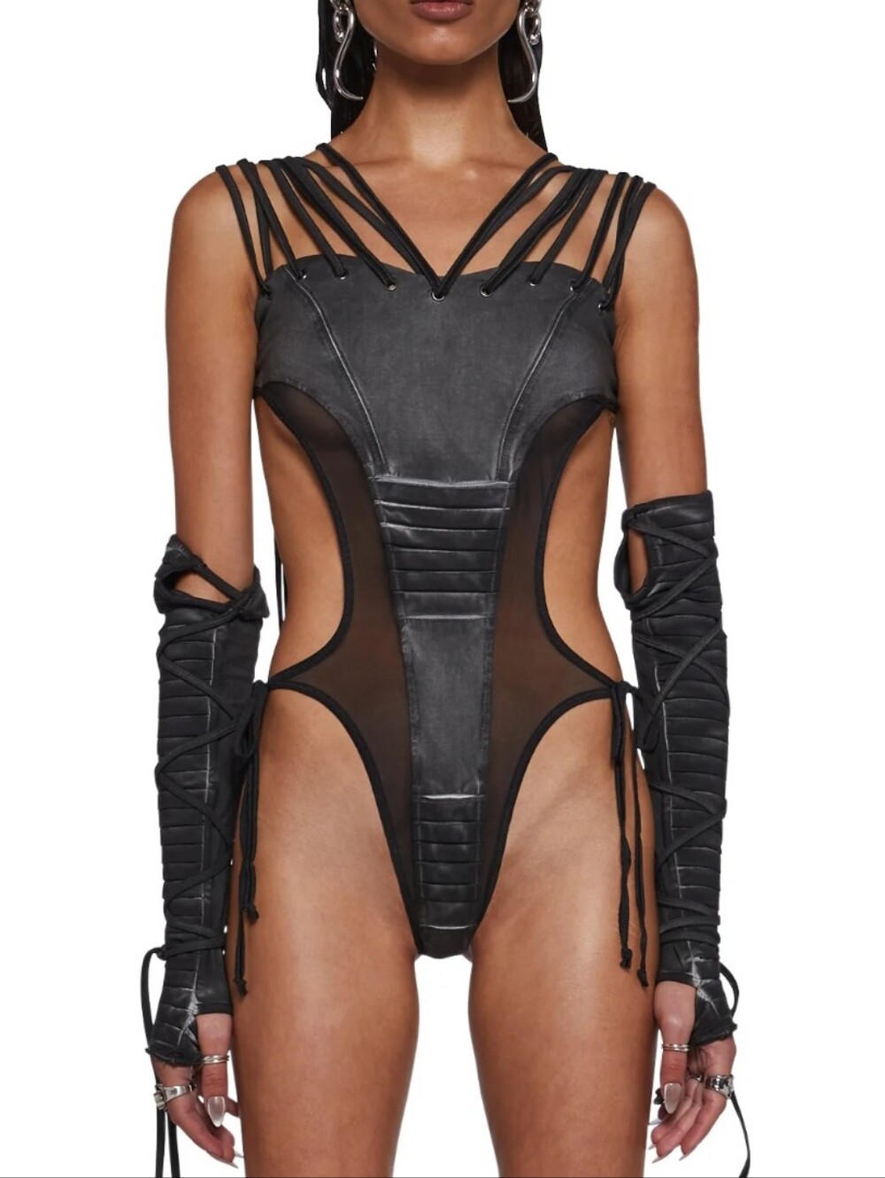 New Dolls Kill Frequency Strappy Mesh And Jersey Bodysuit Medium